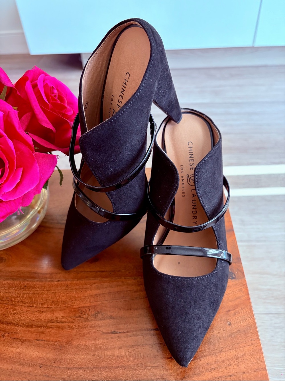 Chinese Laundry Black Pointed-Toe Double Strap Heeled Mule